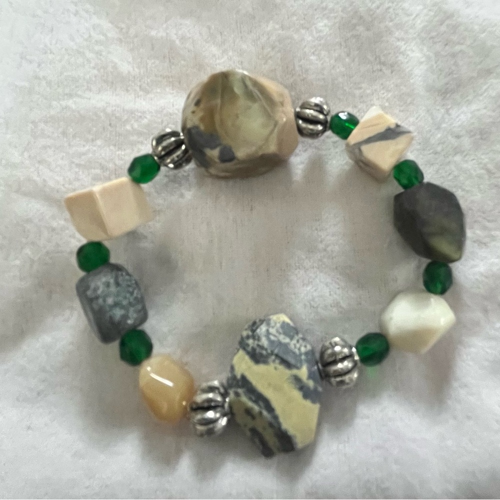 Handmade Stretchy Picture Jasper Stone, Silver Stretchy Bracelet